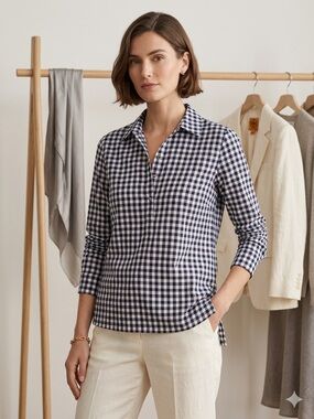 Tory Burch Navy and White Gingham Shirt